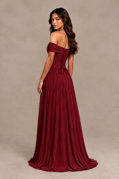 BOLODOO Burgundy Off-Shoulder Sweetheart Corset Pleated Chiffon Maxi Dress 
