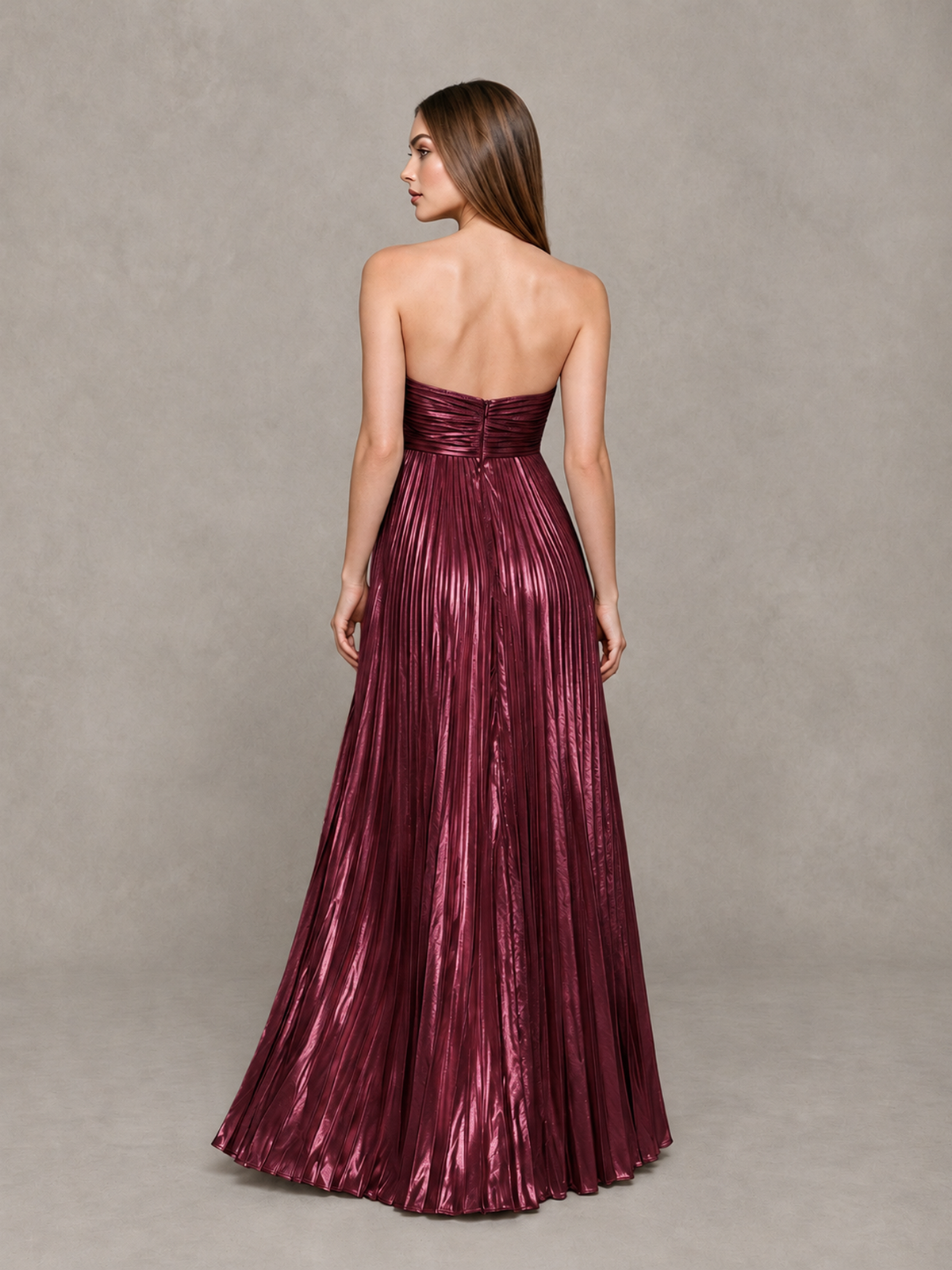 Side view of BOLODOO burgundy strapless pleated A-line maxi evening dress