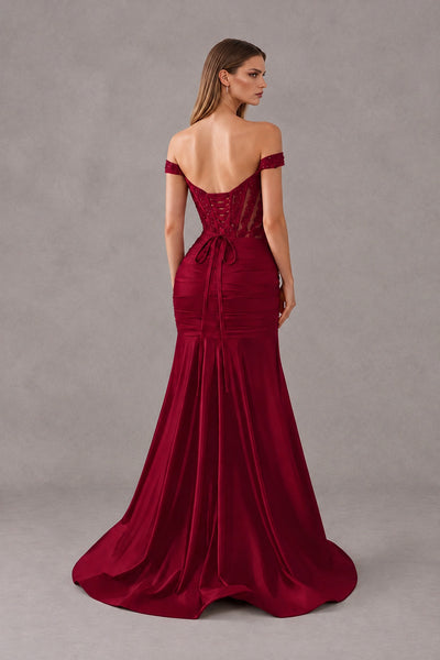 BOLODOO Burgundy Off-Shoulder Corset Mermaid Prom Dress with Slit Sequin Lace Evening Gown 