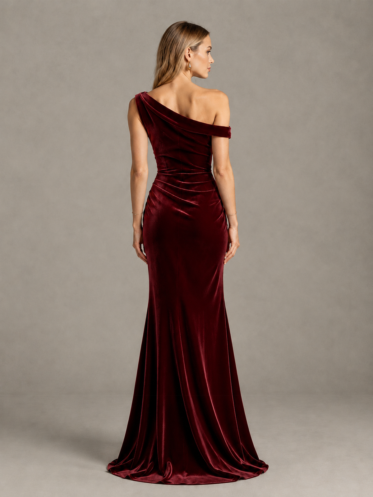 BOLODOO burgundy one-shoulder gown back view showing open upper back