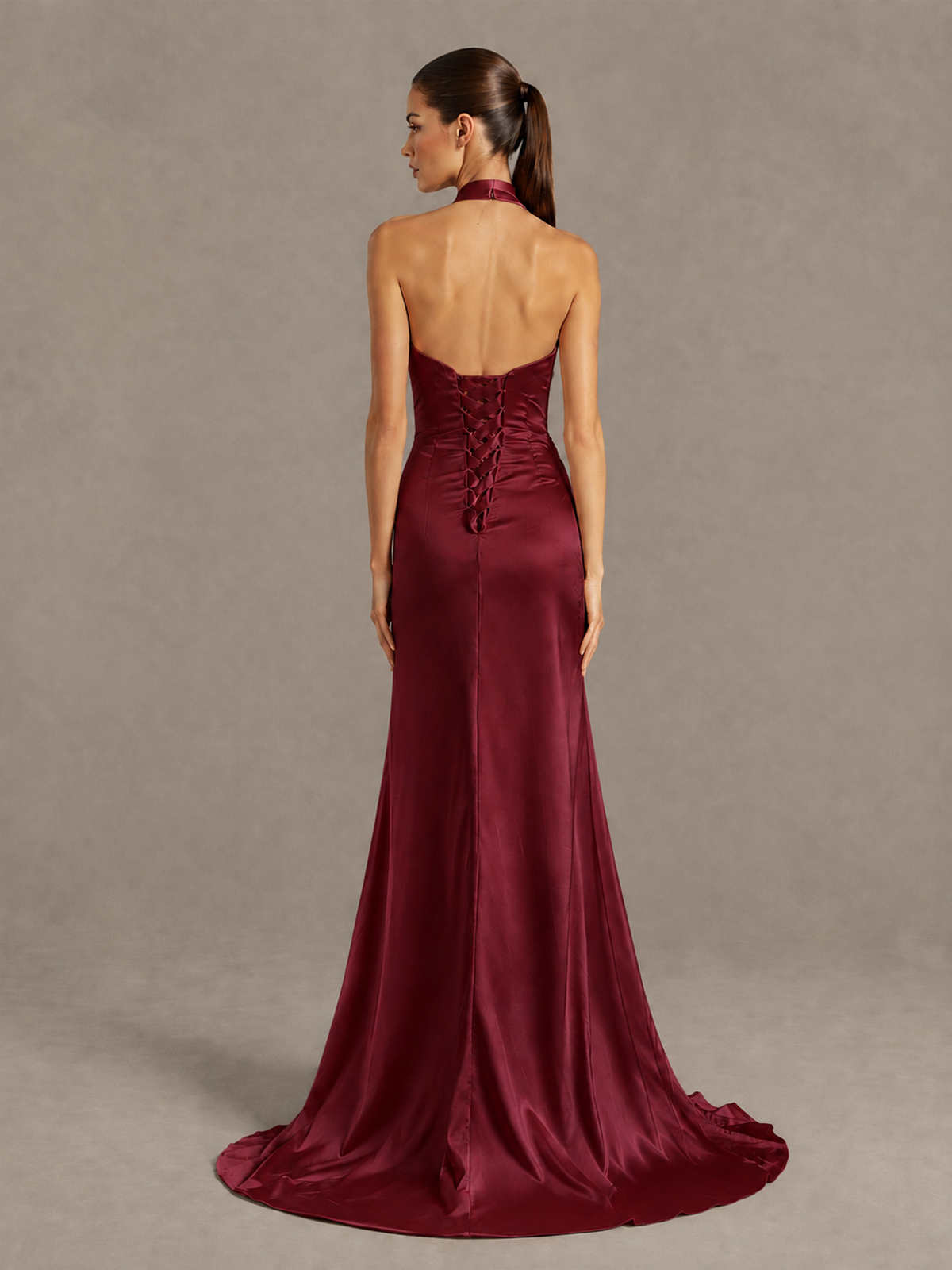 Back of BOLODOO XCD067 burgundy halter gown with open back, lace-up detail and sweep train