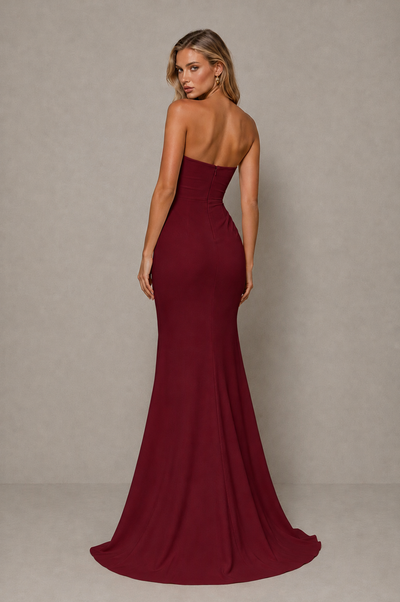 BOLODOO Burgundy Strapless Sweetheart Ruched Mermaid Gown | Cascade Drape Formal Evening Dress 