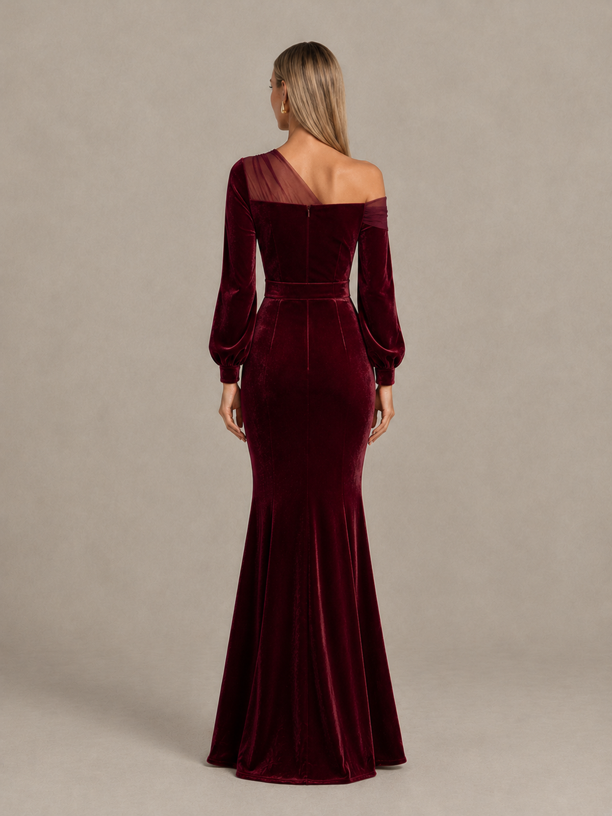 BOLODOO Burgundy Velvet Mermaid Evening Dress with Long Sleeves 