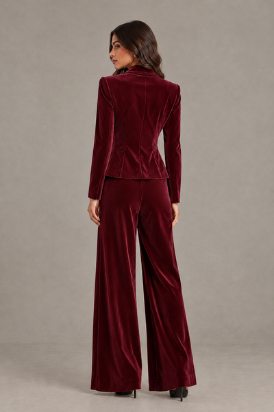 BOLODOO Burgundy Velvet Two-Piece Pantsuit with Long Sleeve Blazer & Wide-Leg Trousers 