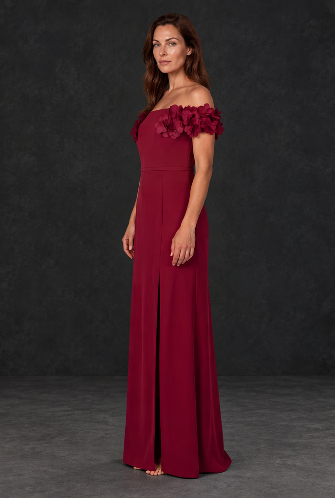 BOLODOO XX072 burgundy floor-length floral gown, three-quarter side view