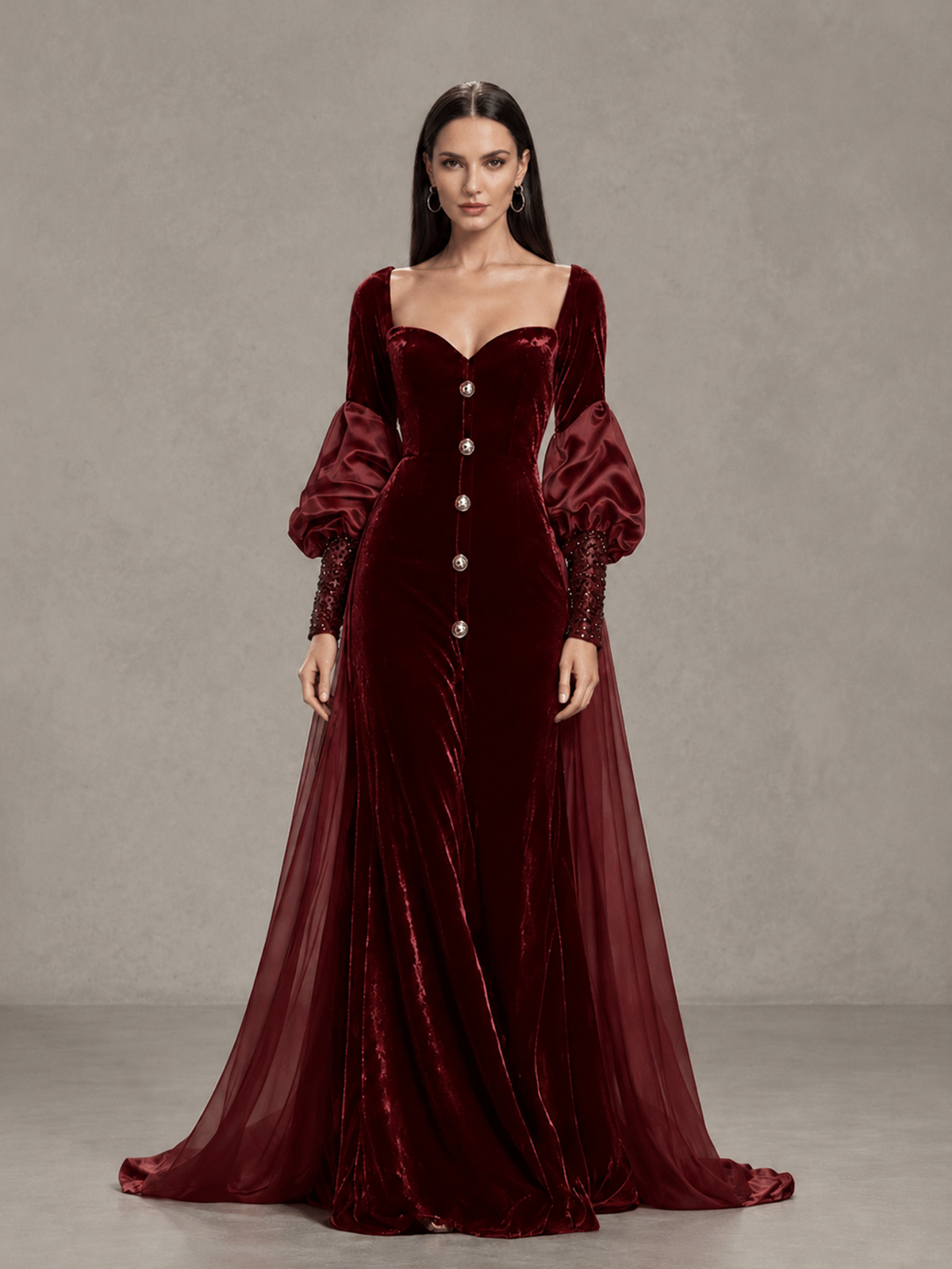 BOLODOO Burgundy Velvet Long Sleeve Open-Back Evening Gown 