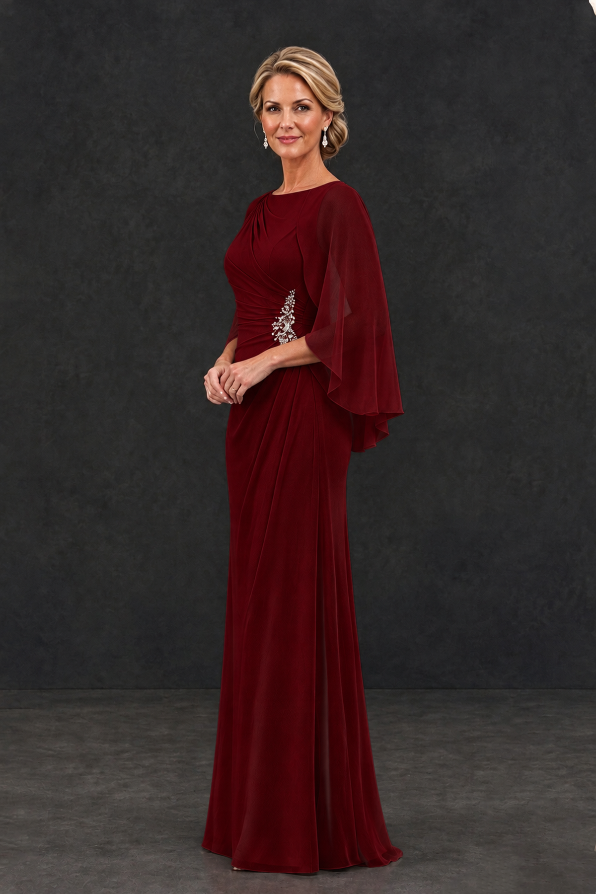Burgundy floor-length mother of the groom gown, three-quarter view showing flowing cape sleeves