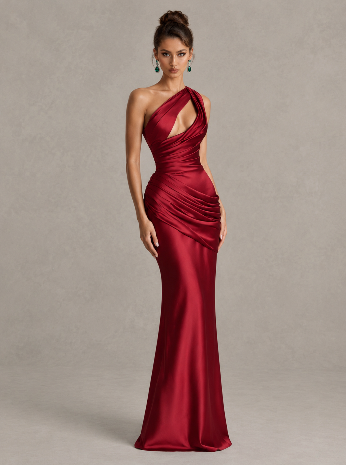 BOLODOO Burgundy One-Shoulder Cutout Satin Mermaid Prom Dress 