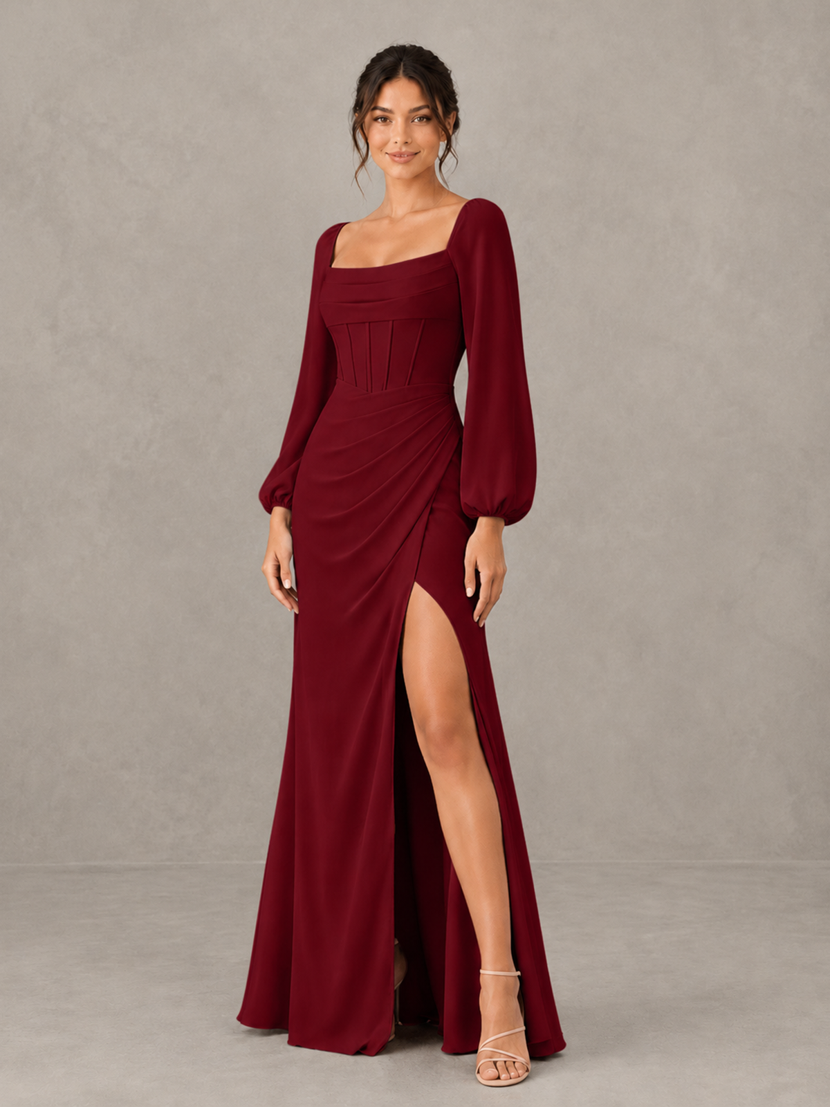 BOLODOO XCD051 burgundy square neck long sleeve evening dress with high slit, front view
