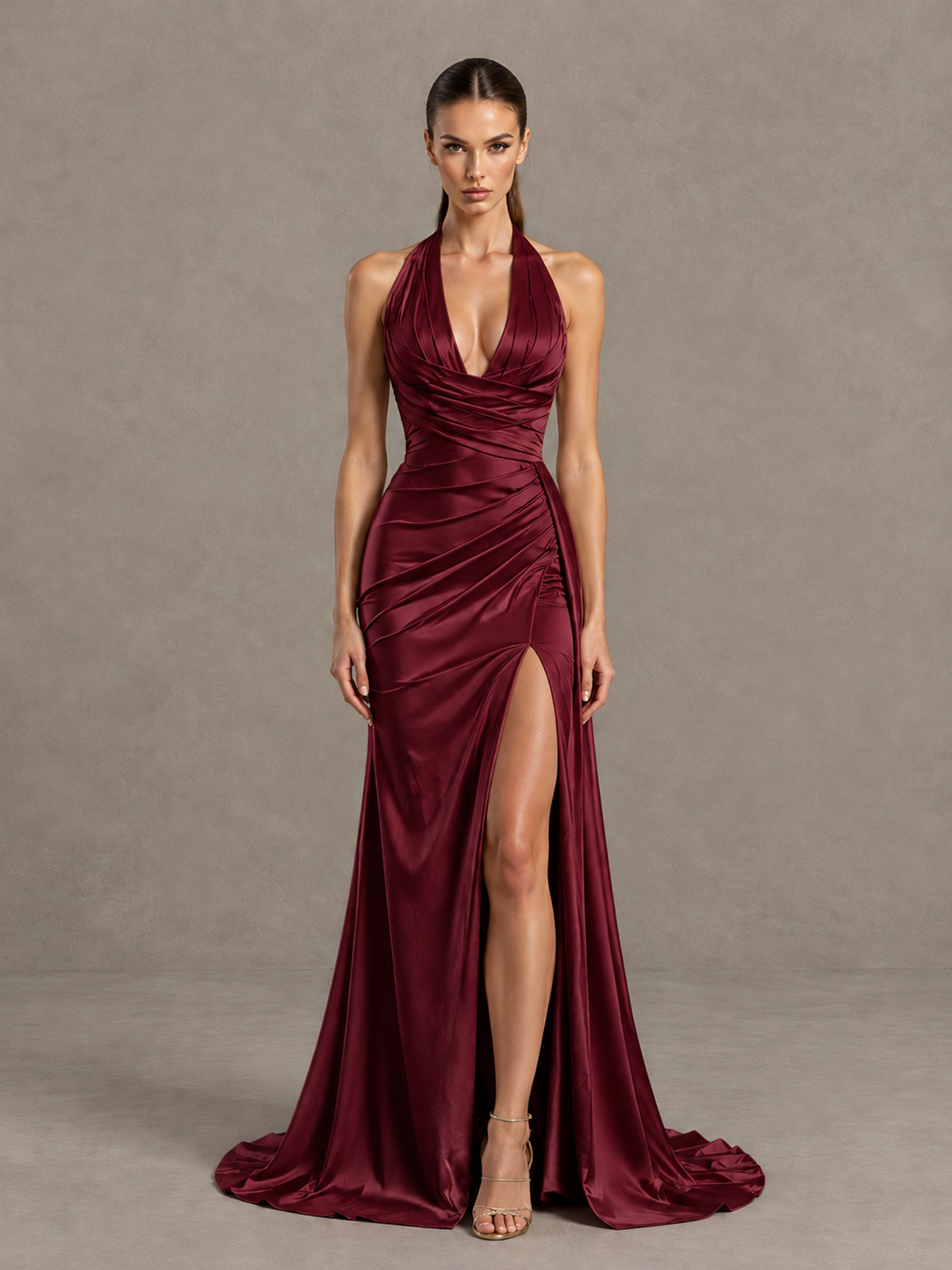 BOLODOO XCD067 burgundy halter evening prom dress front view with deep V neckline and high slit