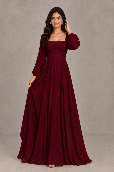 BOLODOO QQ090 burgundy floor-length dress showing bishop sleeves and flowing A-line skirt