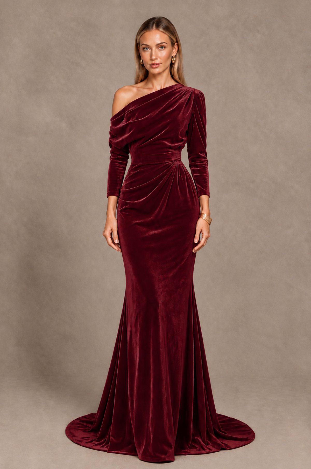BOLODOO burgundy velvet-look mermaid evening dress with asymmetric neckline and three-quarter sleeves, front view