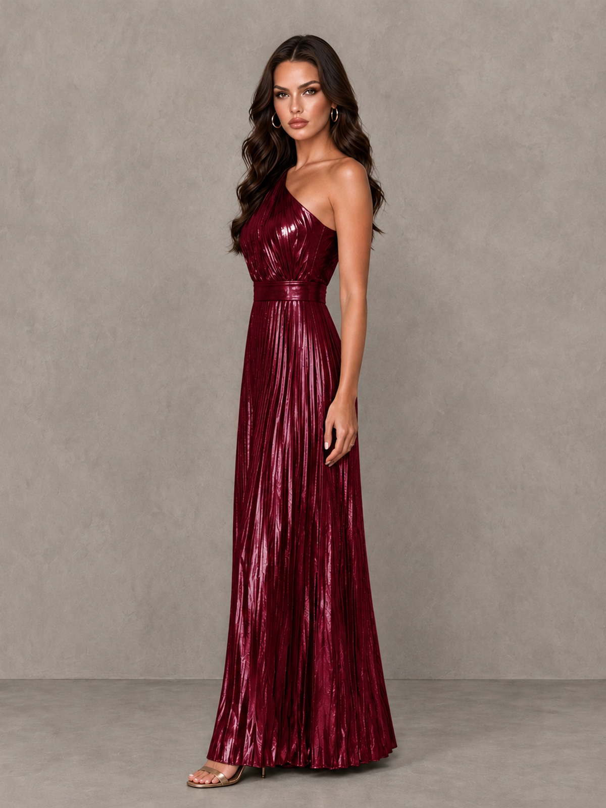 Side view of BOLODOO burgundy one-shoulder sleeveless pleated A-line formal dress