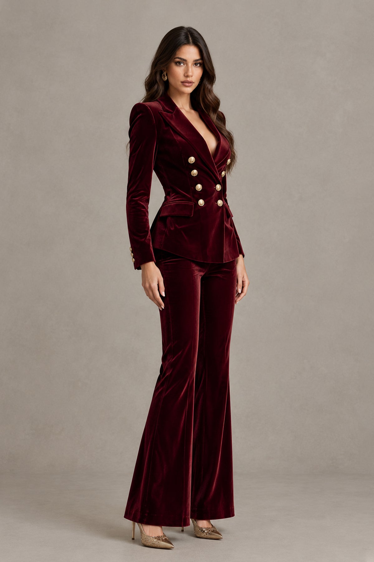 BOLODOO burgundy long-sleeve tailored blazer and full-length flared trousers, side view