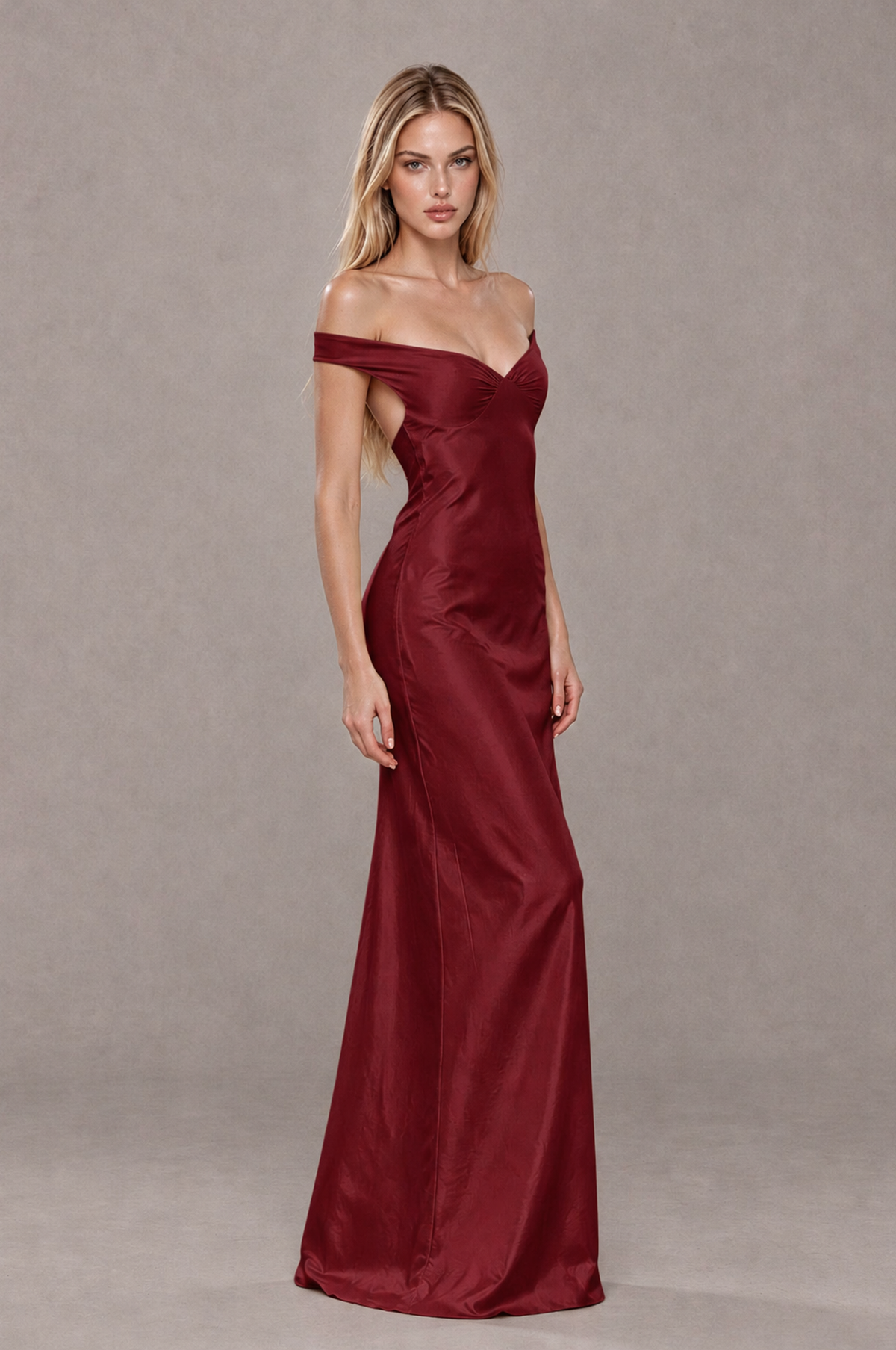 BOLODOO Burgundy Off-Shoulder Open-Back Satin Evening Gown 