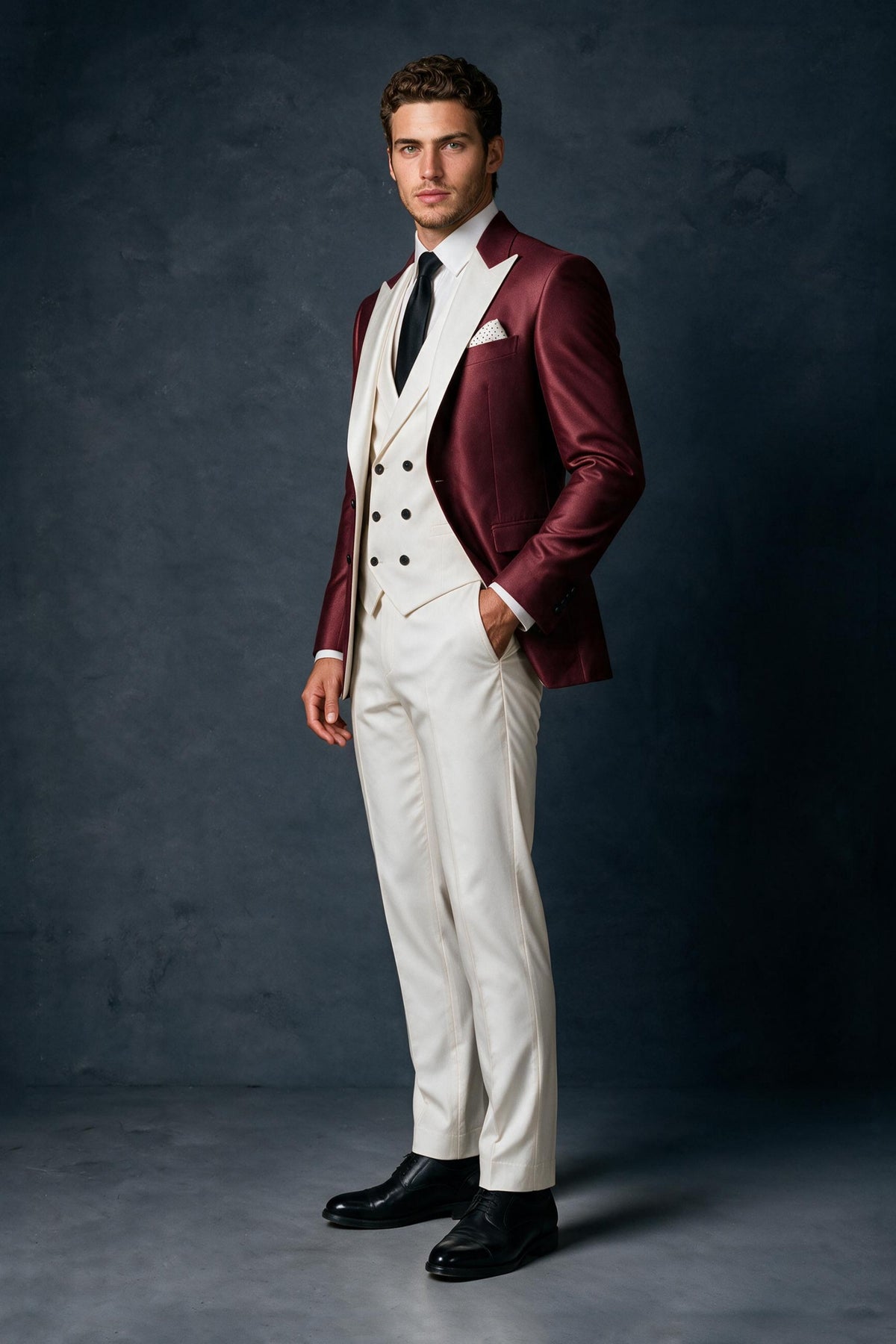 BOLODOO Men's Burgundy 3-Piece Suit FQ0032 - front three-quarter angle showing complete suit styling with black tie and pocket square
