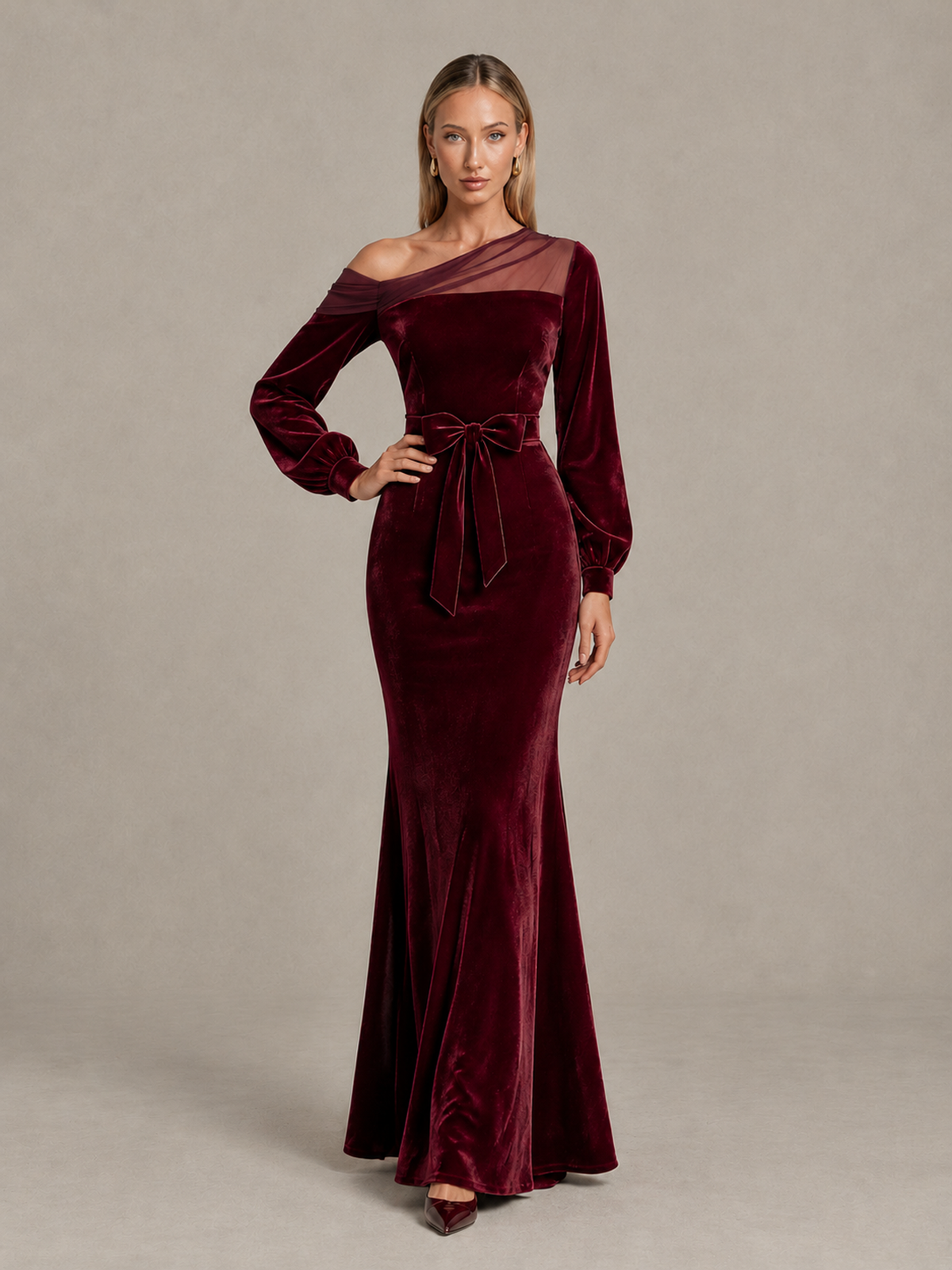 BOLODOO Burgundy Velvet Mermaid Evening Dress with Long Sleeves 