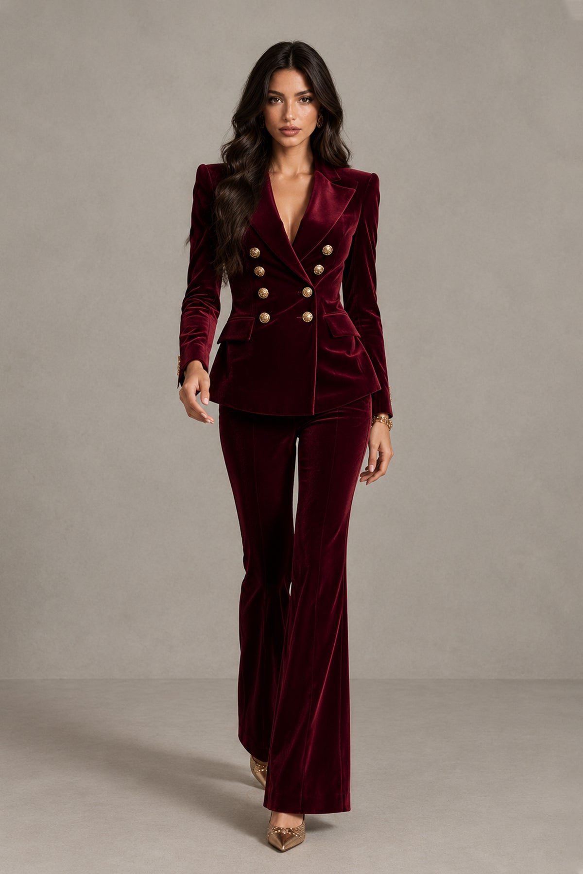 BOLODOO burgundy two-piece women's pantsuit with gold-tone buttons, walking front view