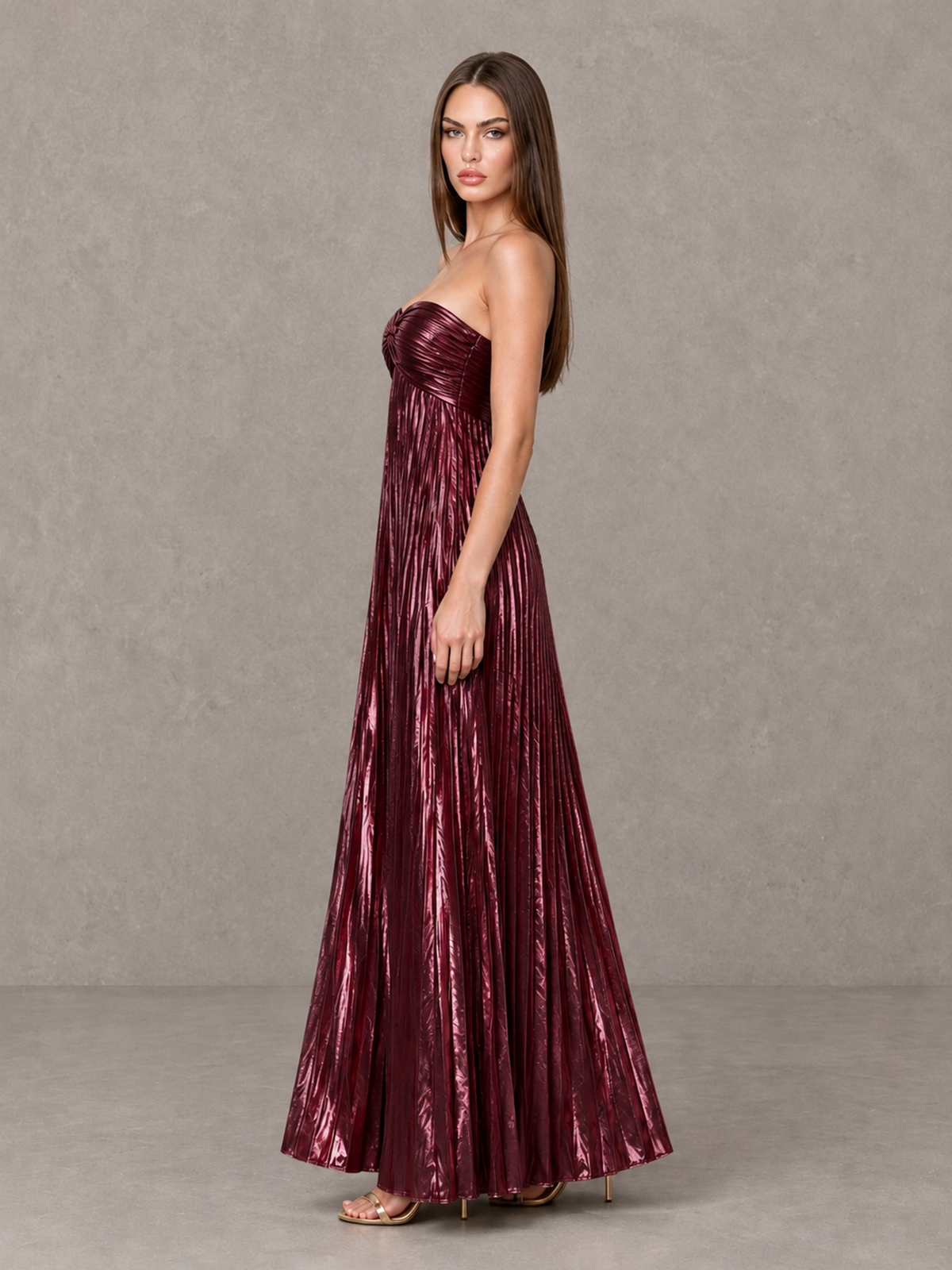 BOLODOO burgundy strapless sweetheart pleated maxi dress with metallic-look finish, front view