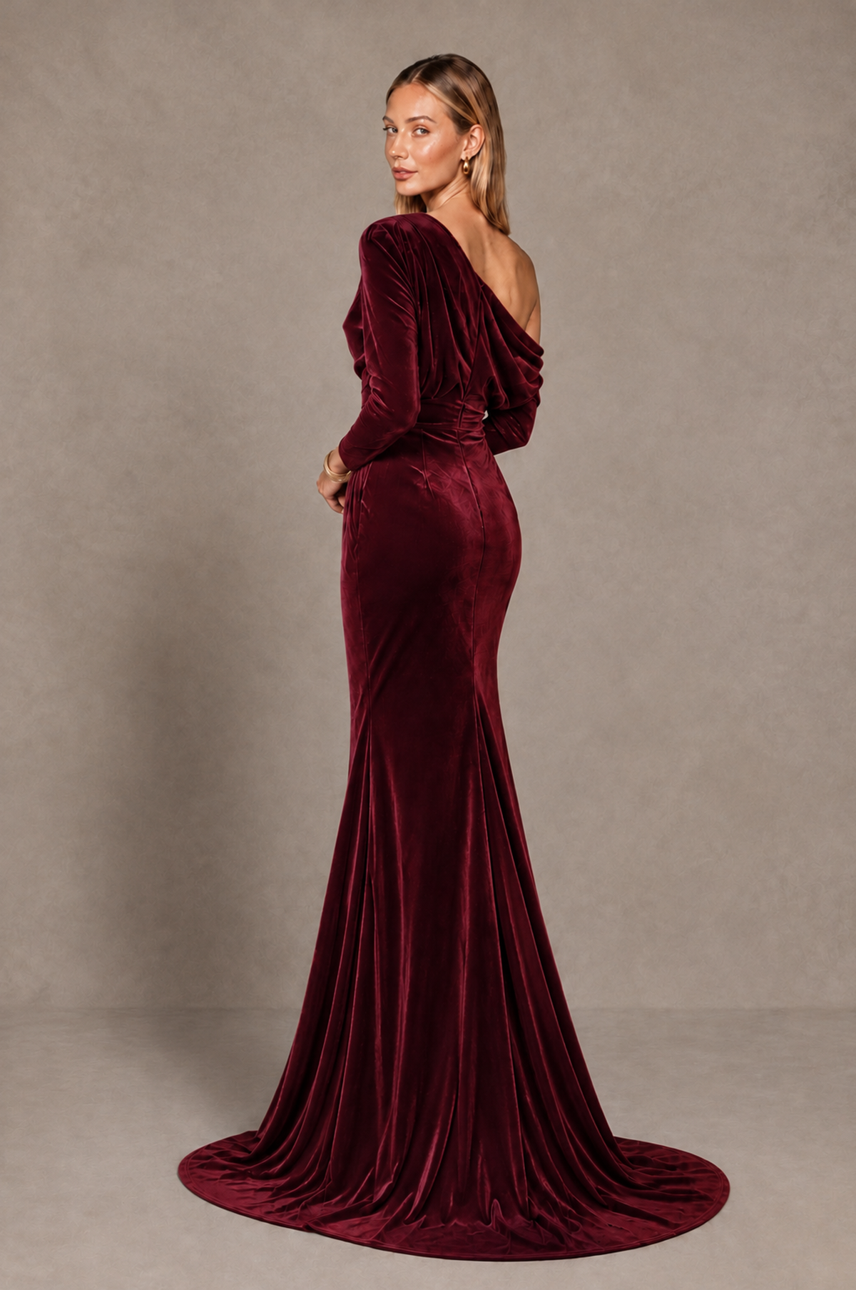 Burgundy mermaid evening dress with draped asymmetric upper back and sweep train, rear view