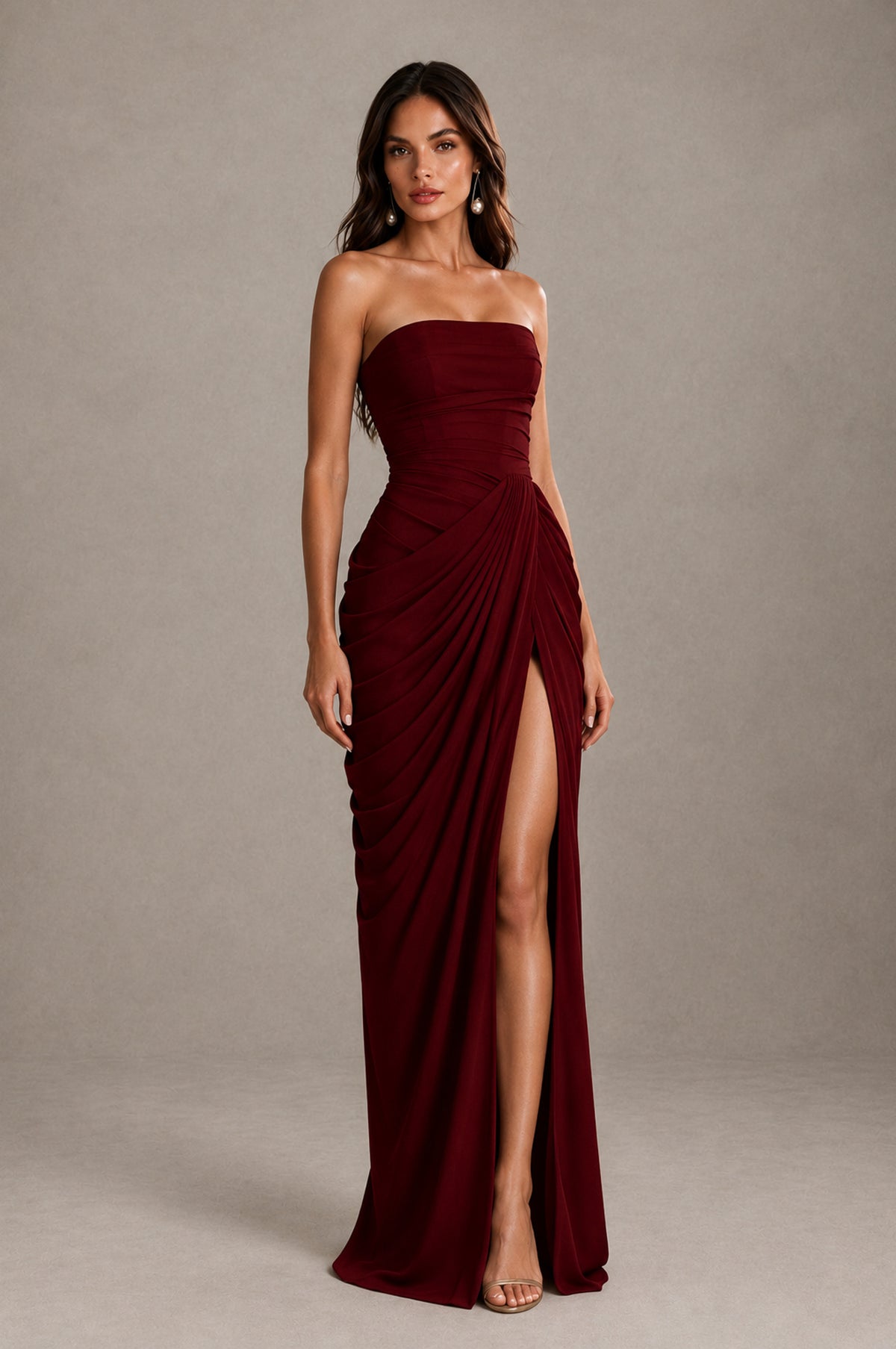 BOLODOO Strapless Draped Maxi Dress – Deep Red Backless Evening Gown with High Slit 
