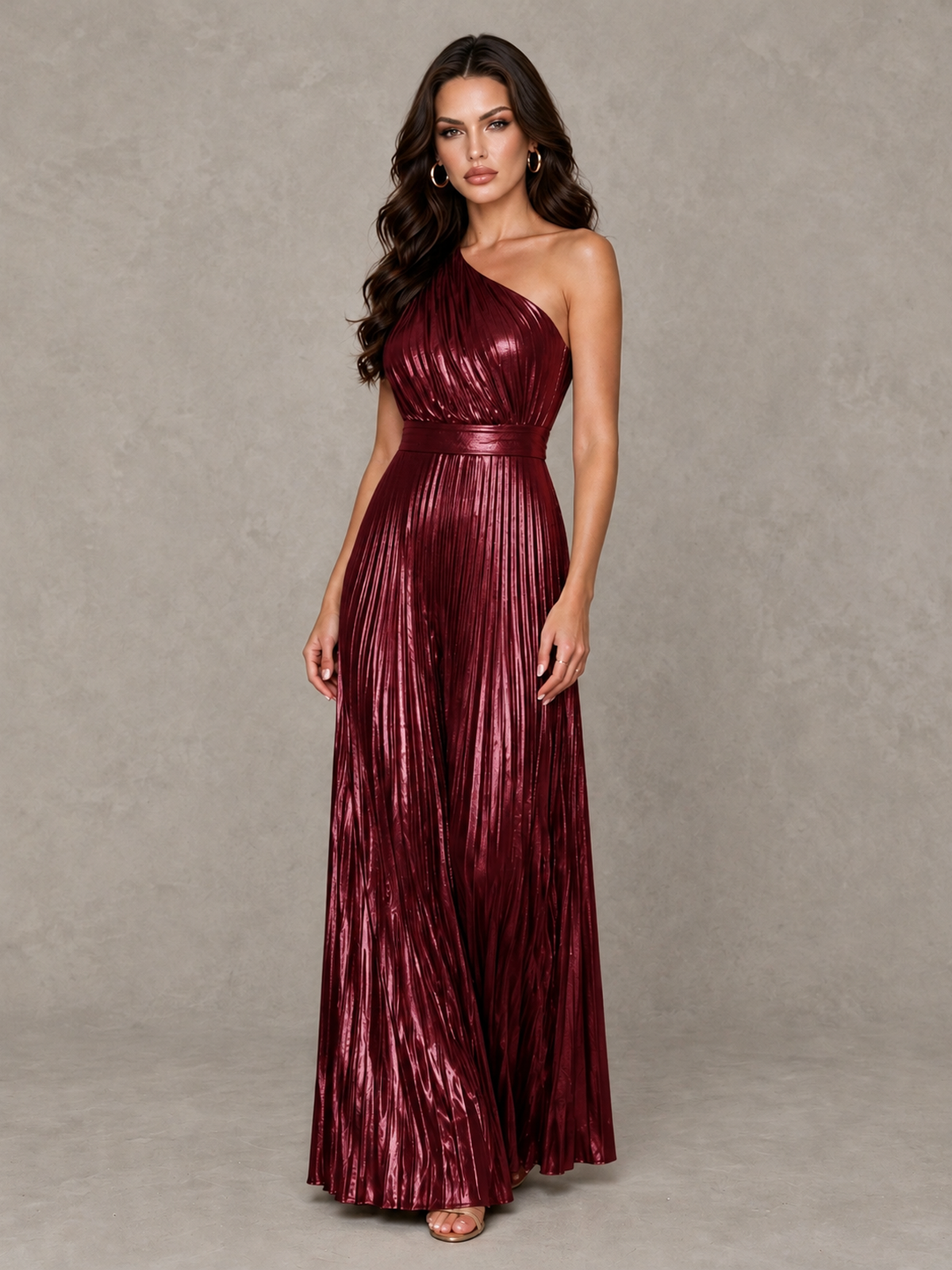 Front view of BOLODOO burgundy pleated evening dress with defined waistband and flowing maxi skirt