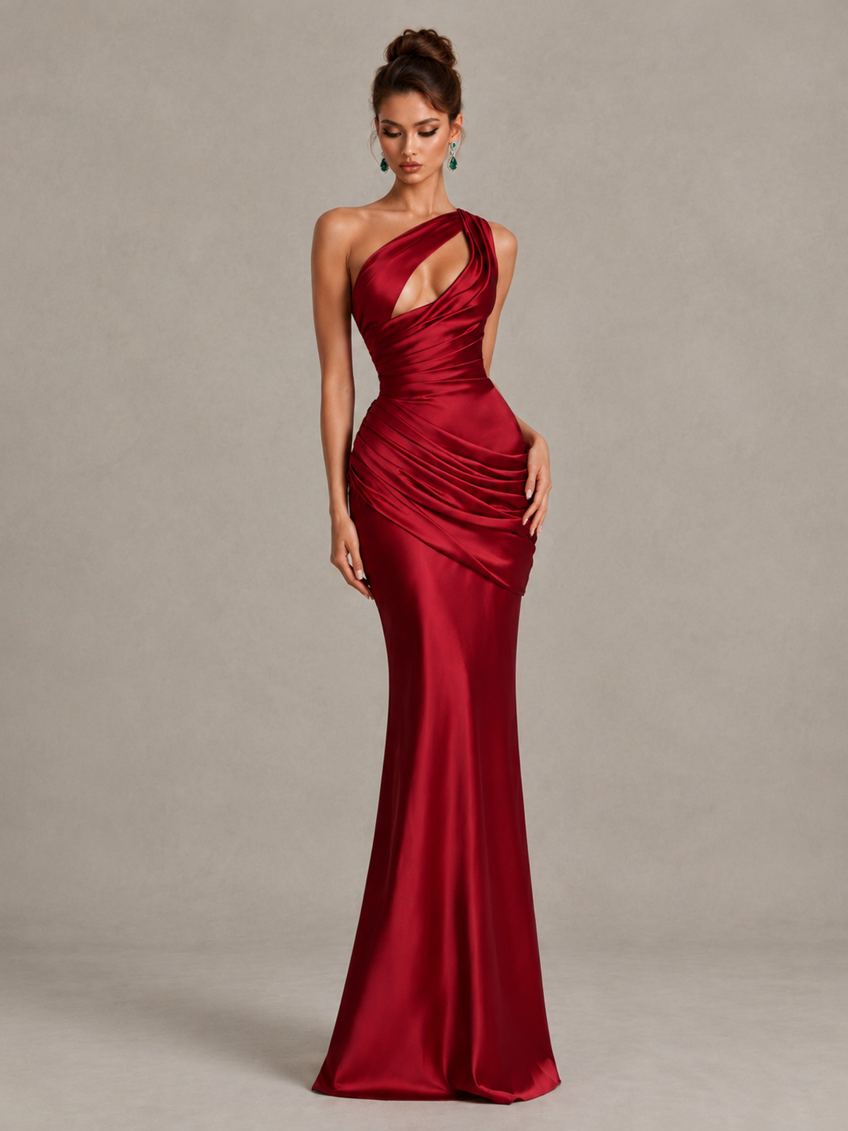 BOLODOO Burgundy One-Shoulder Cutout Satin Mermaid Prom Dress 