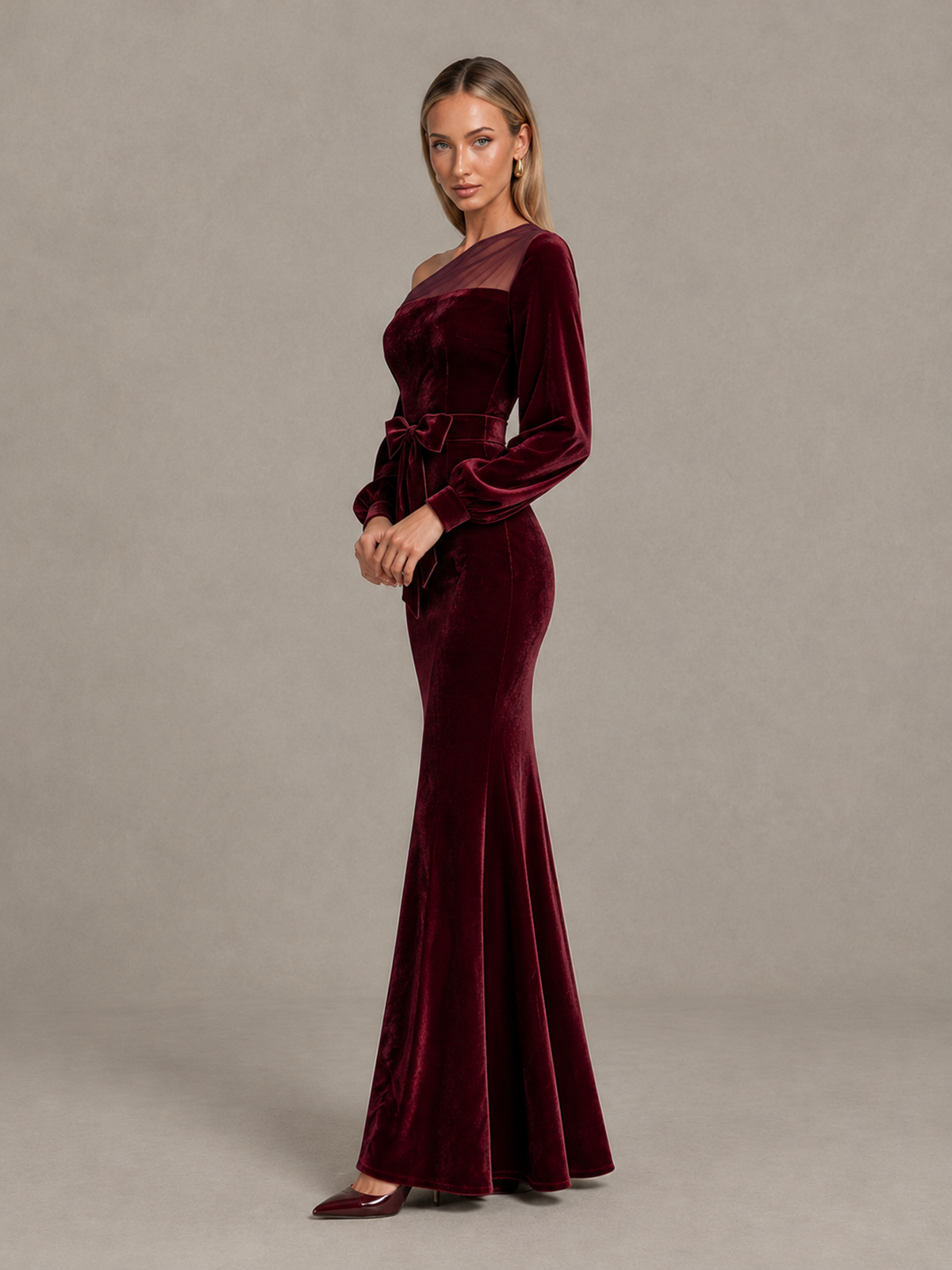 BOLODOO Burgundy Velvet Mermaid Evening Dress with Long Sleeves 
