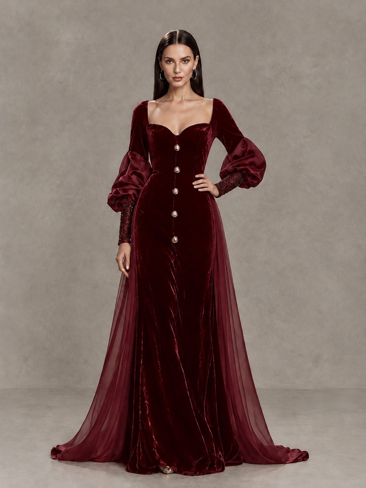BOLODOO Burgundy Velvet Long Sleeve Open-Back Evening Gown 