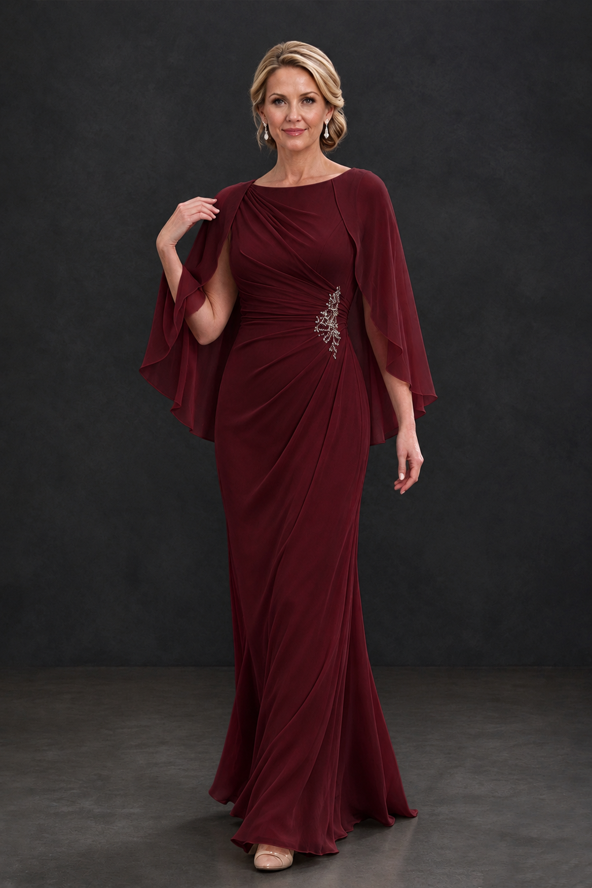 BOLODOO burgundy formal dress showing draped bodice, waist embellishment and full-length skirt