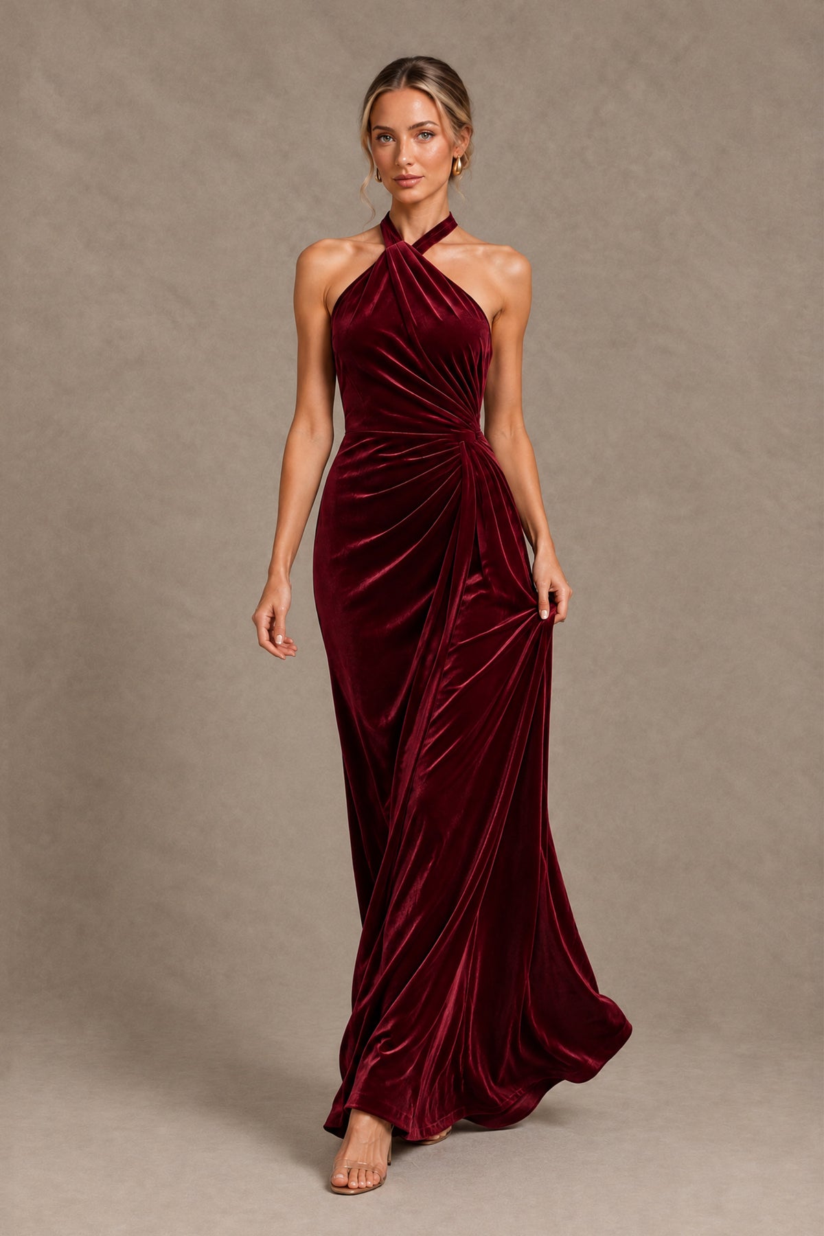 BOLODOO burgundy velvet-look maxi evening dress showing skirt movement, front view