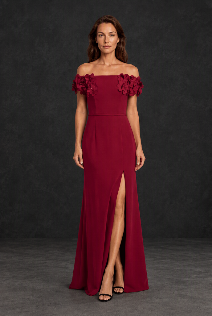 BOLODOO XX072 burgundy mother of the bride gown with high slit, alternate front view