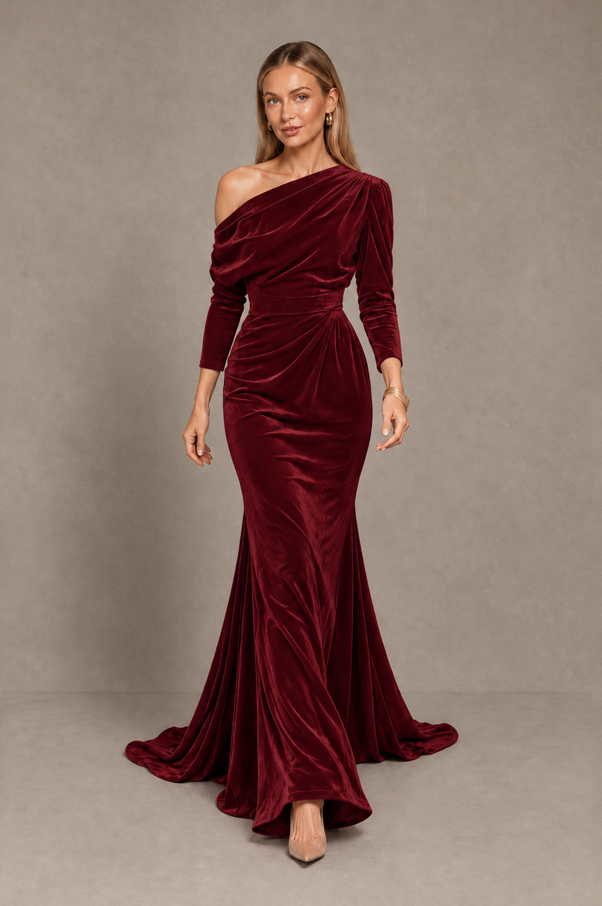 BOLODOO burgundy floor-length evening dress showing flared skirt in motion