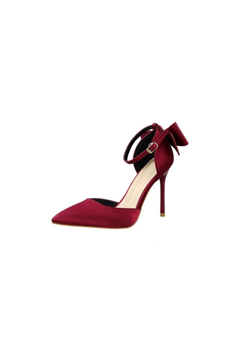Burgundy Satin Prom Heels with Bowknot - BOLODOO