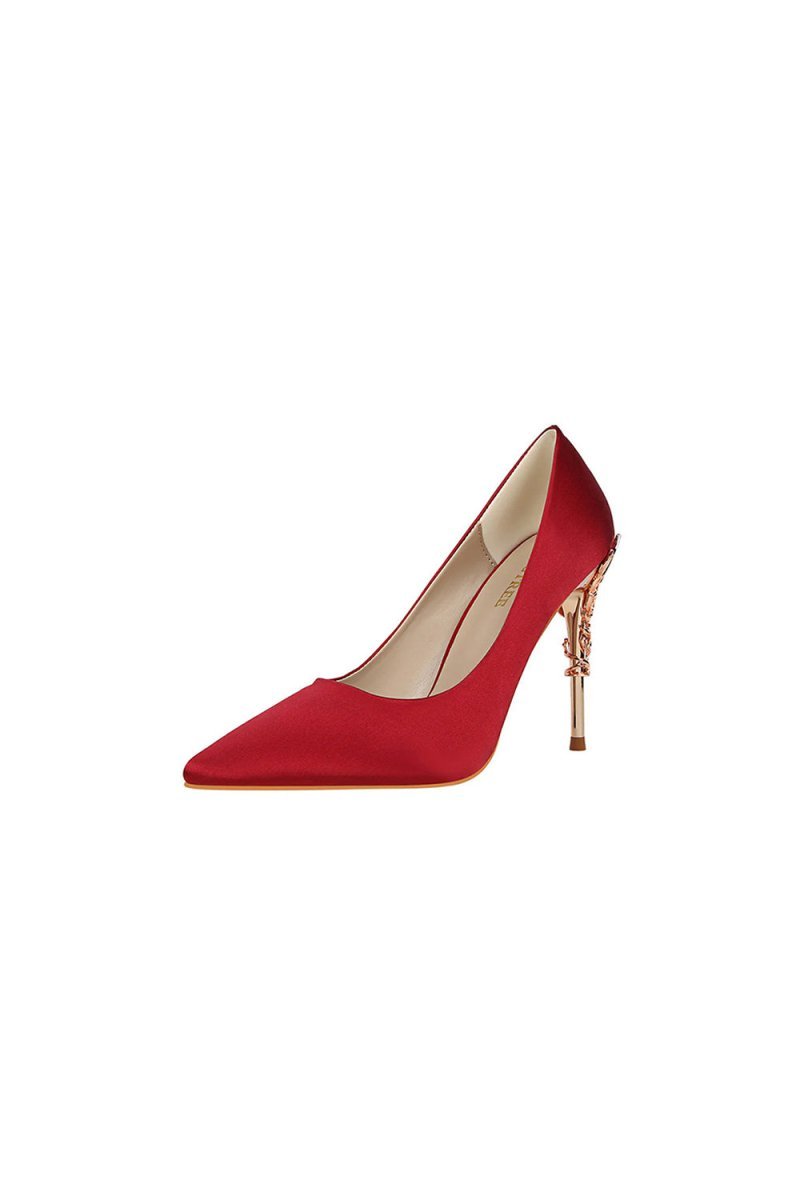 Burgundy Shallow Metal Stiletto Heels - BOLODOO