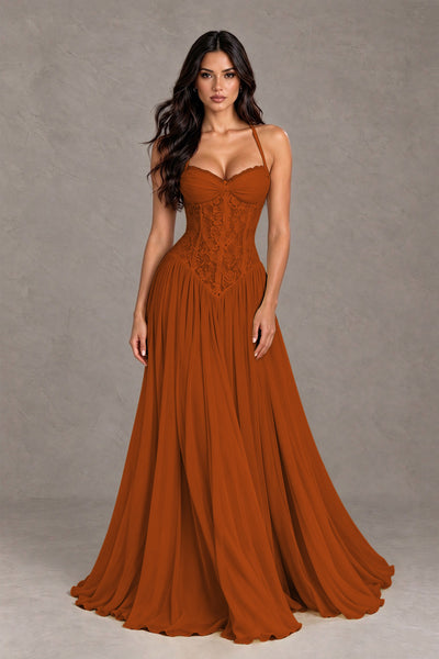 BOLODOO Burnt Orange Lace Corset Halter Maxi Gown – Backless A-Line Formal Dress 