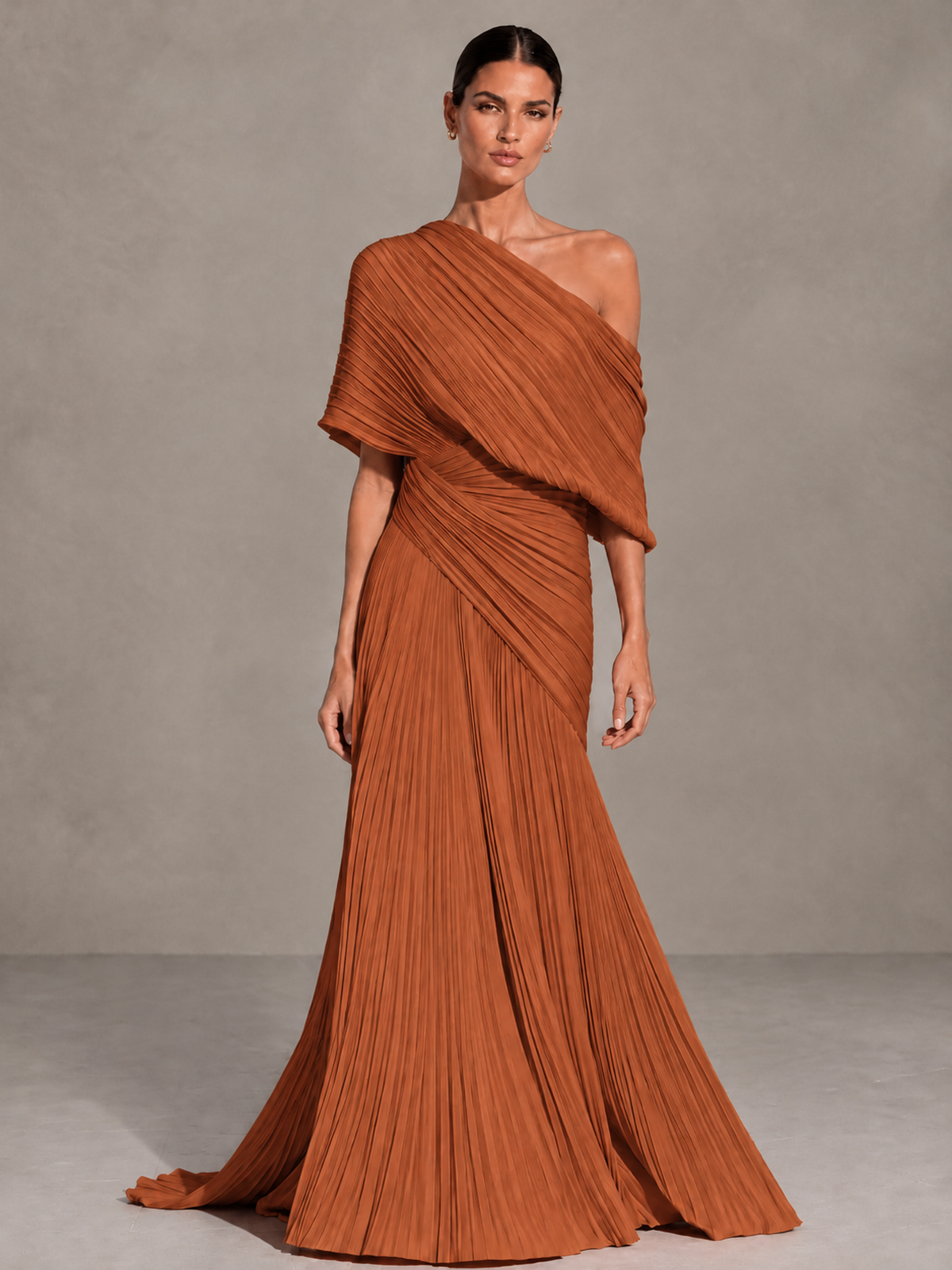 BOLODOO Burnt Orange One-Shoulder Pleated Cape Evening Gown with Train 