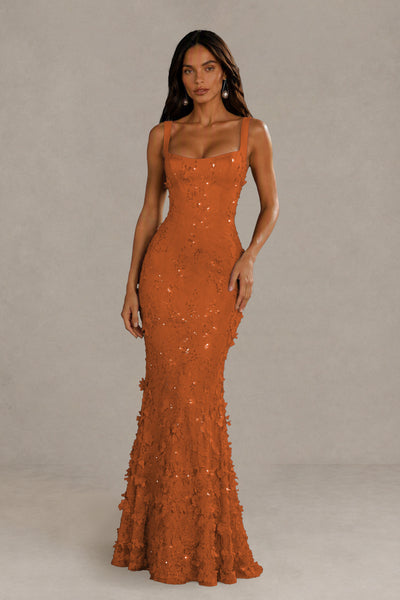 BOLODOO Burnt Orange Sequin 3D Floral Mermaid Maxi Gown – Lace-Up Back Formal Dress 
