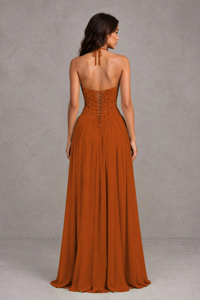 BOLODOO Burnt Orange Lace Corset Halter Maxi Gown – Backless A-Line Formal Dress 