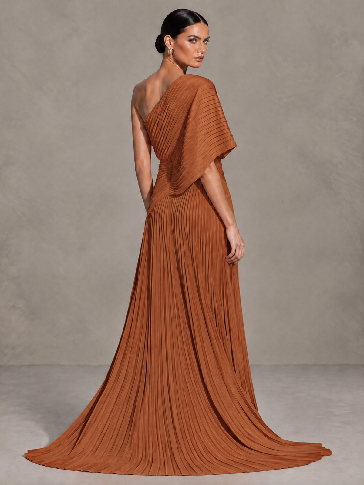 BOLODOO Burnt Orange One-Shoulder Pleated Cape Evening Gown with Train 