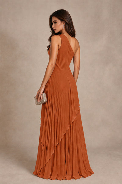 BOLODOO Burnt Orange One-Shoulder Sunburst Pleated Asymmetric Layered Overlay Accordion Pleated Chiffon Maxi Dress 