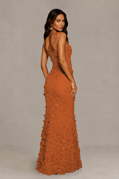 BOLODOO Burnt Orange Sequin 3D Floral Mermaid Maxi Gown – Lace-Up Back Formal Dress 