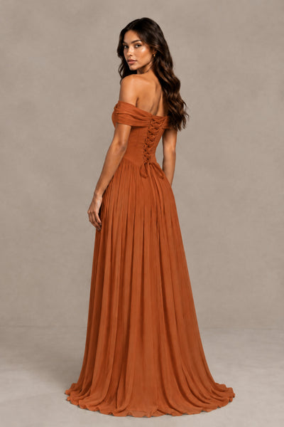BOLODOO Burnt Orange Off-Shoulder Sweetheart Corset Pleated Chiffon Maxi Dress 