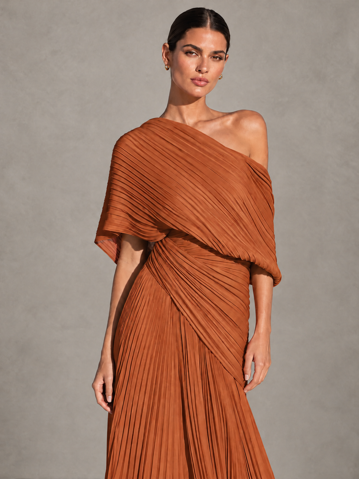 BOLODOO Burnt Orange One-Shoulder Pleated Cape Evening Gown with Train 