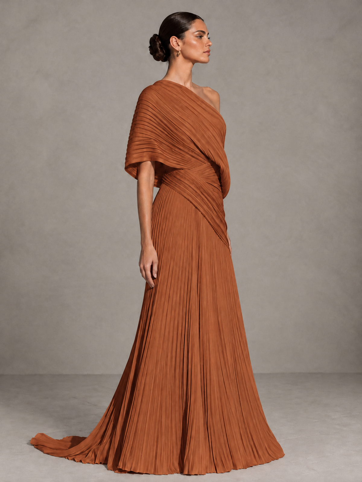 BOLODOO Burnt Orange One-Shoulder Pleated Cape Evening Gown with Train 