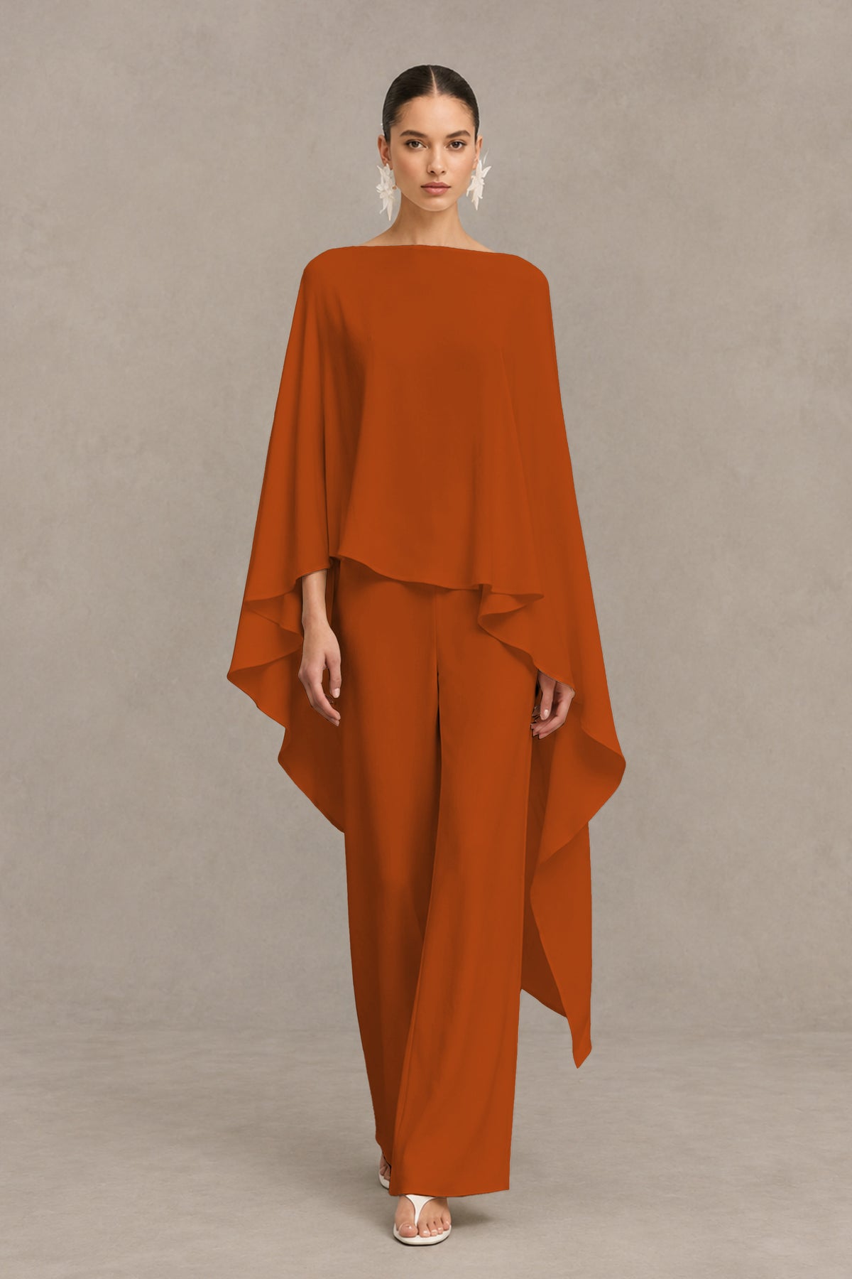 BOLODOO Burnt Orange Cape Sleeve Wide-Leg Formal Pantsuit - Burnt Orange - Burnt Orange_01