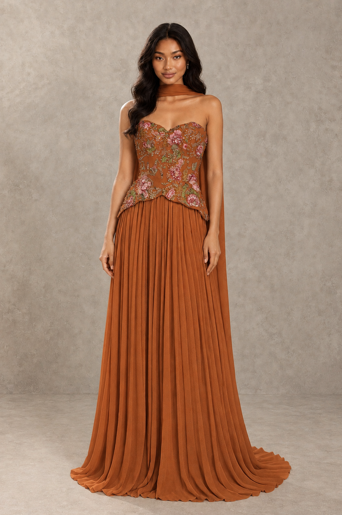 BOLODOO Burnt Orange Strapless Beaded Floral Corset Chiffon Maxi Gown – Open Back Prom & Formal Evening Dress - Burnt Orange - Burnt Orange_01