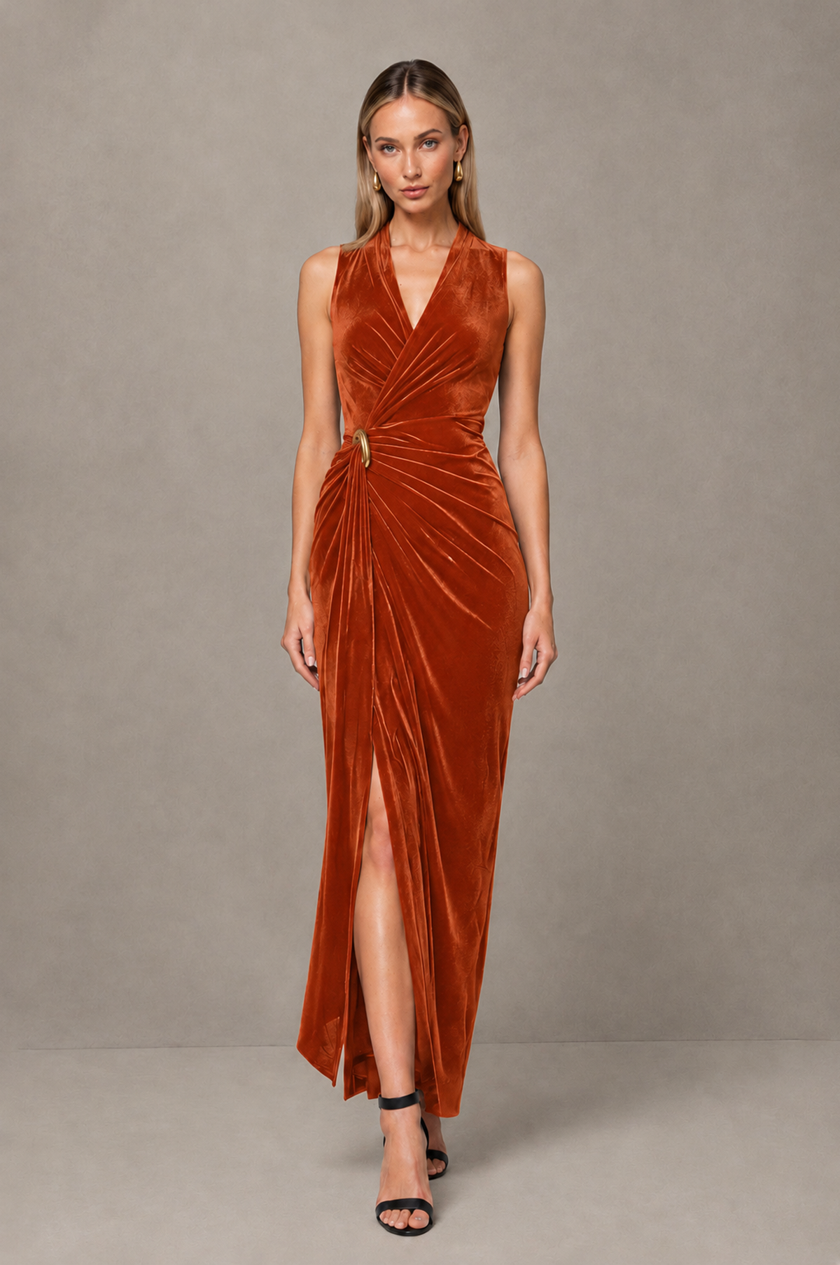 Burnt Orange Velvet-Look V-Neck Slit Maxi Dress | BOLODOO