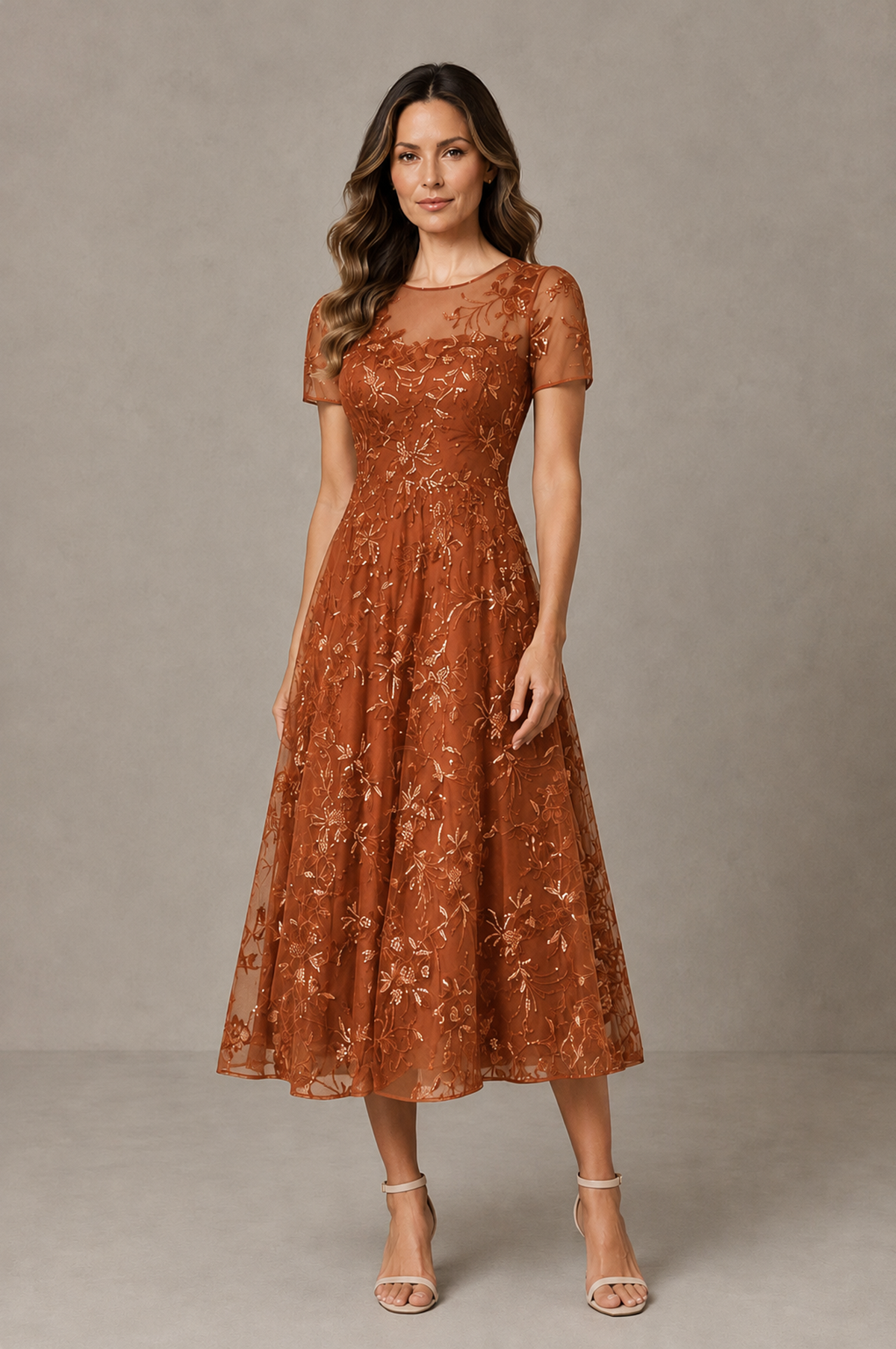 BOLODOO Burnt Orange Textured Floral A-Line Dress with Short Sleeves - Burnt Orange - Burnt Orange_01