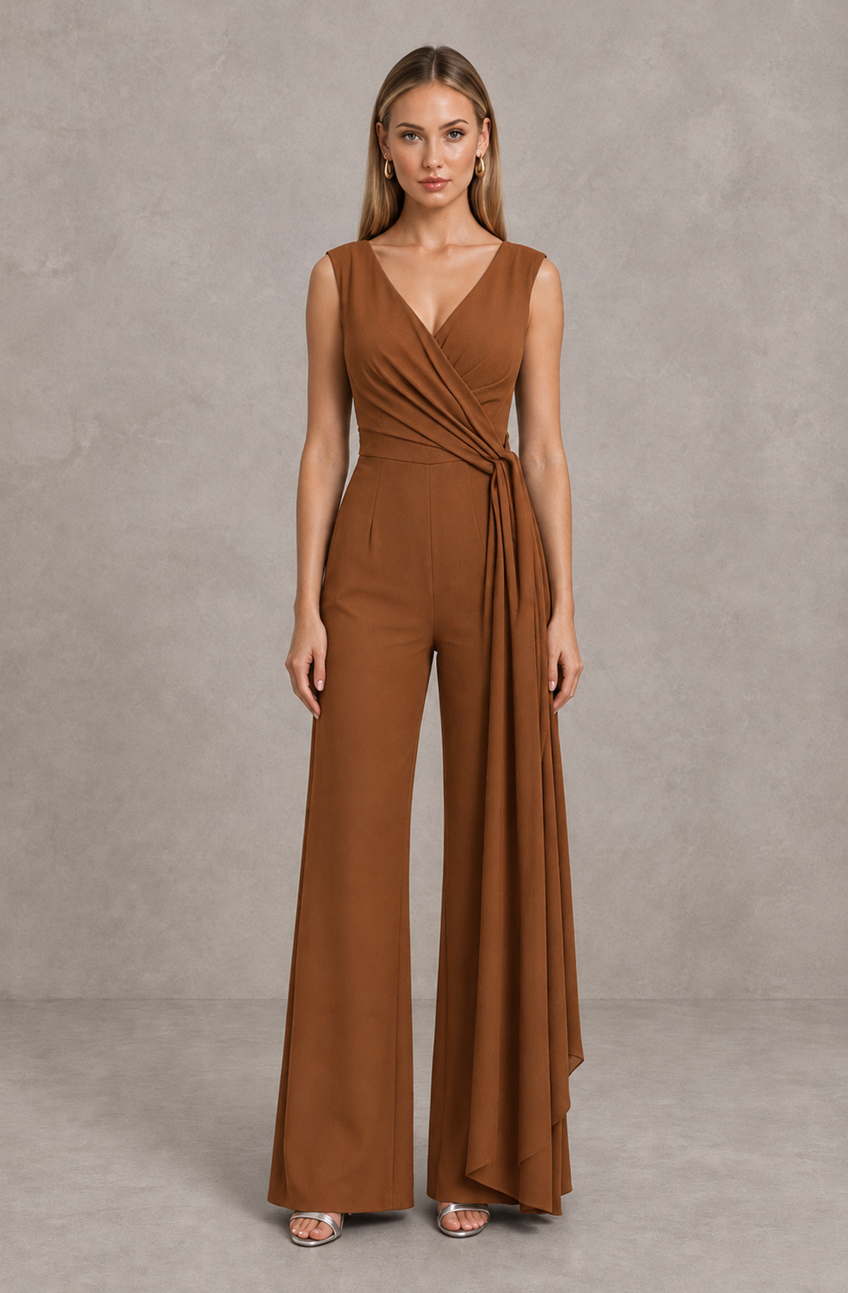 BOLODOO Burnt Orange Sleeveless V-Neck Wide-Leg Jumpsuit with Side Drape - Burnt Orange - Burnt Orange_01
